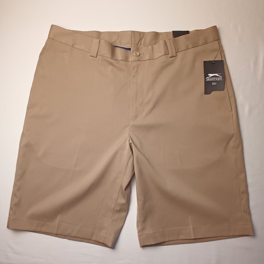 Slazenger Mens Performance Flat Front Golf Shorts Size 36 Khaki Tan Preppy NEW